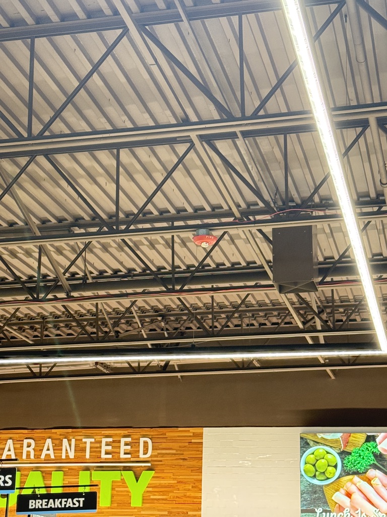 Fire alarm horn/strobe device mounted on retail ceiling structure
